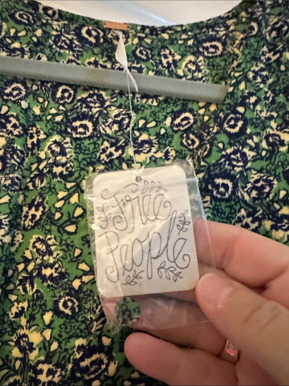 Free People Green and Navy Floral Crop Blouse